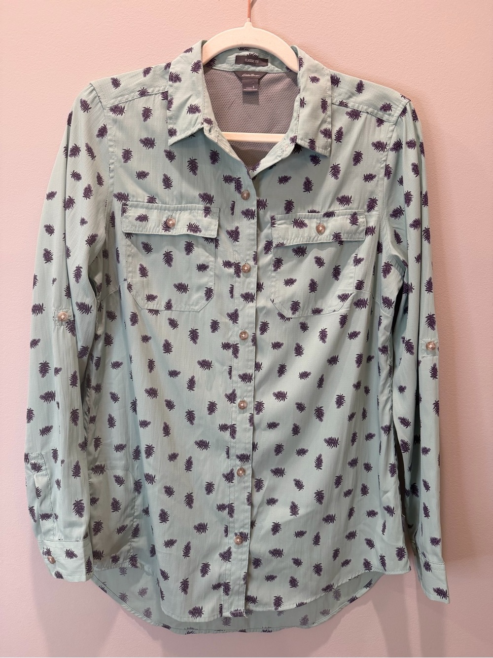 Eddie Bauer Mint Green Button-Down Shirt with Purple Leaf Print